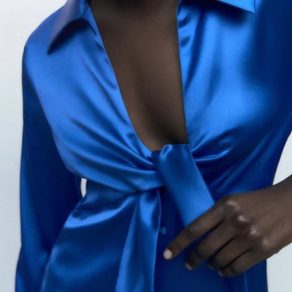 Zara Blue Mini Dress Long Sleeve Notched Collar - Picture 5 of 8